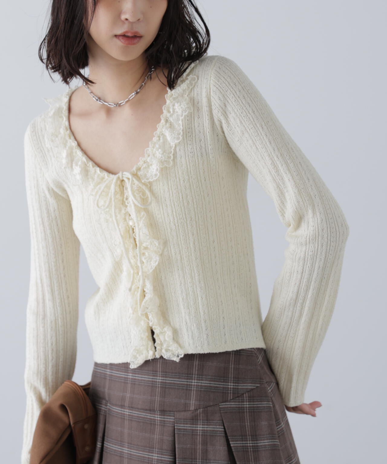 美品 トクコプルミエヴォル 部分レース裾3段フリル カーディガン 美品