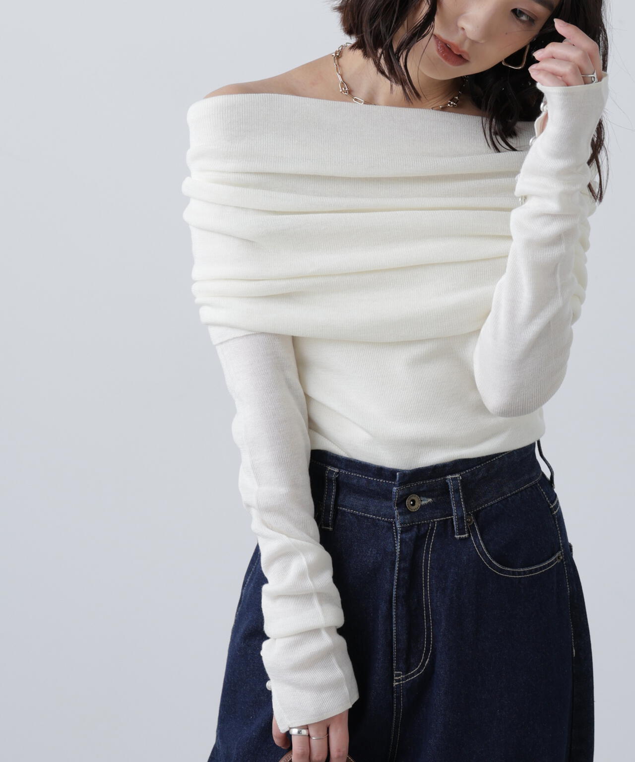 【RIO企画】袖口ボタンオフショルニット〈MFM〉