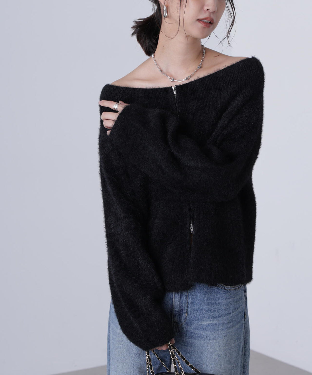 【MFM】前後2WAYオフショルシャギージップカーディガン