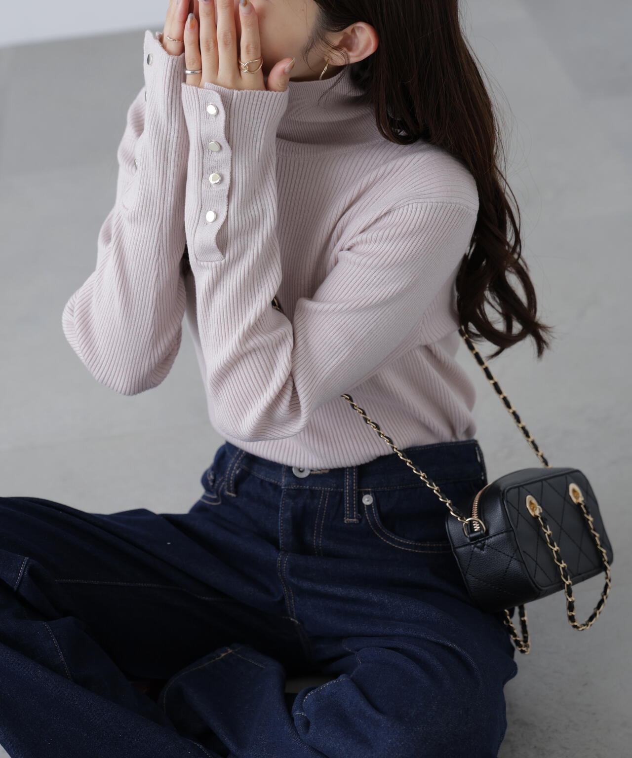 【MFM】袖金ボタンリブタートルニット