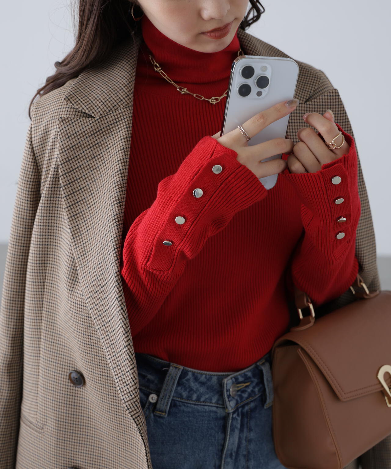 【MFM】袖金ボタンリブタートルニット