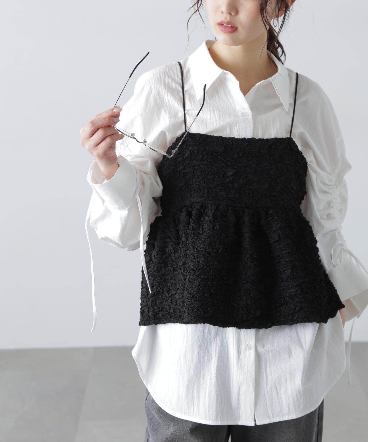 袖シャーリングオーバーシャツ