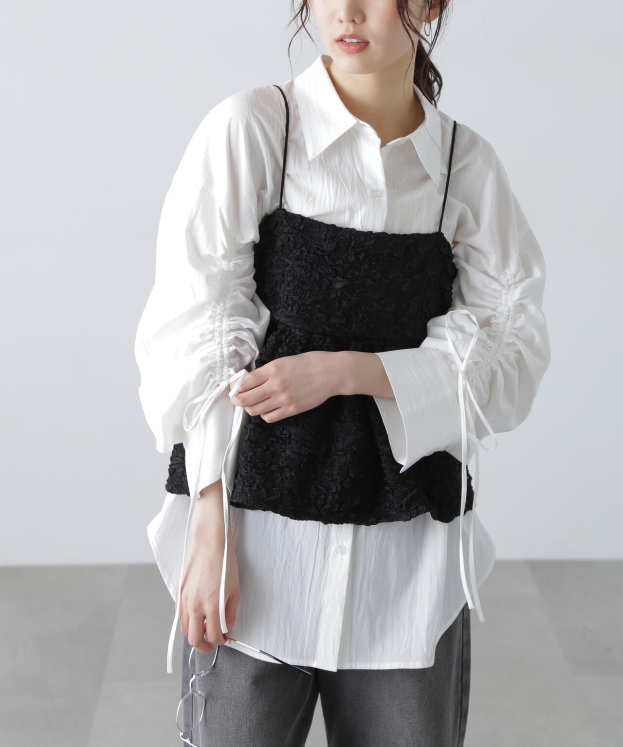 袖シャーリングオーバーシャツ