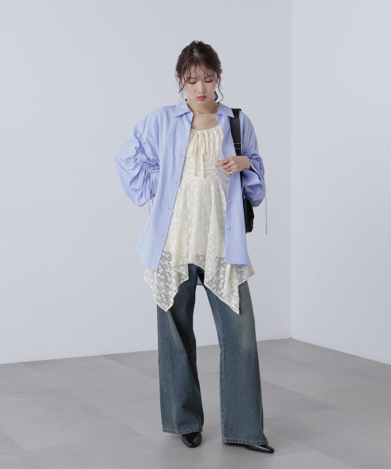 袖シャーリングオーバーシャツ