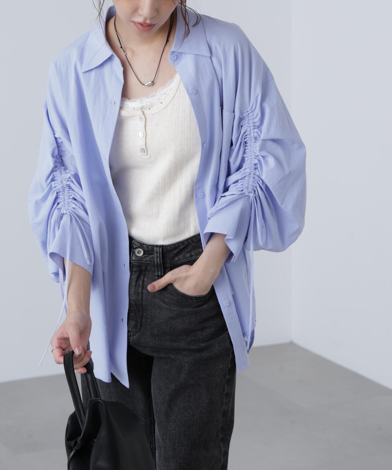 袖シャーリングオーバーシャツ