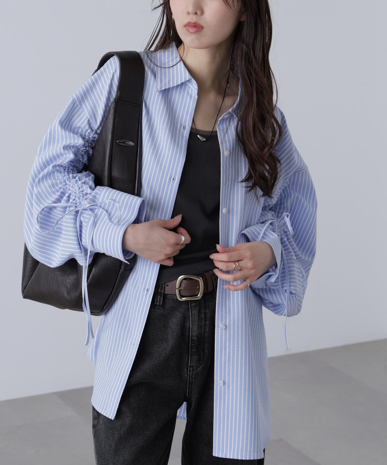 袖シャーリングオーバーシャツ