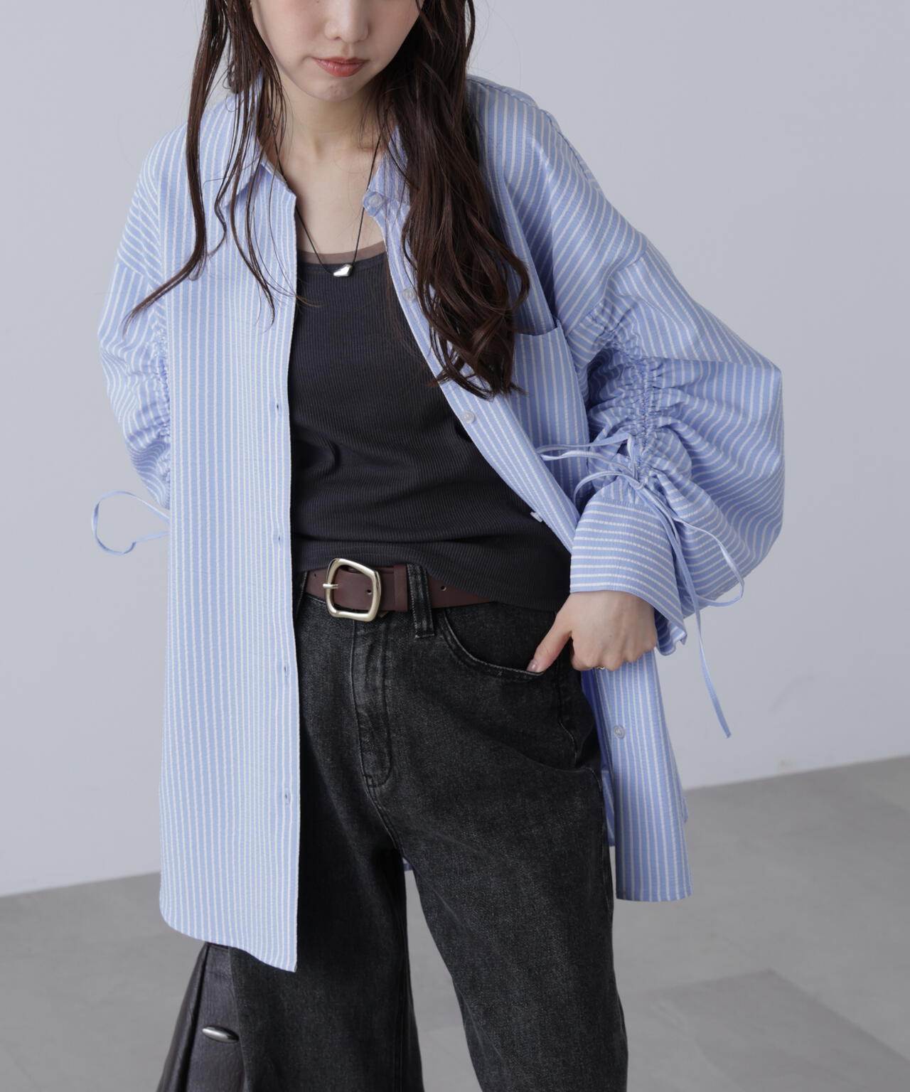 袖シャーリングオーバーシャツ