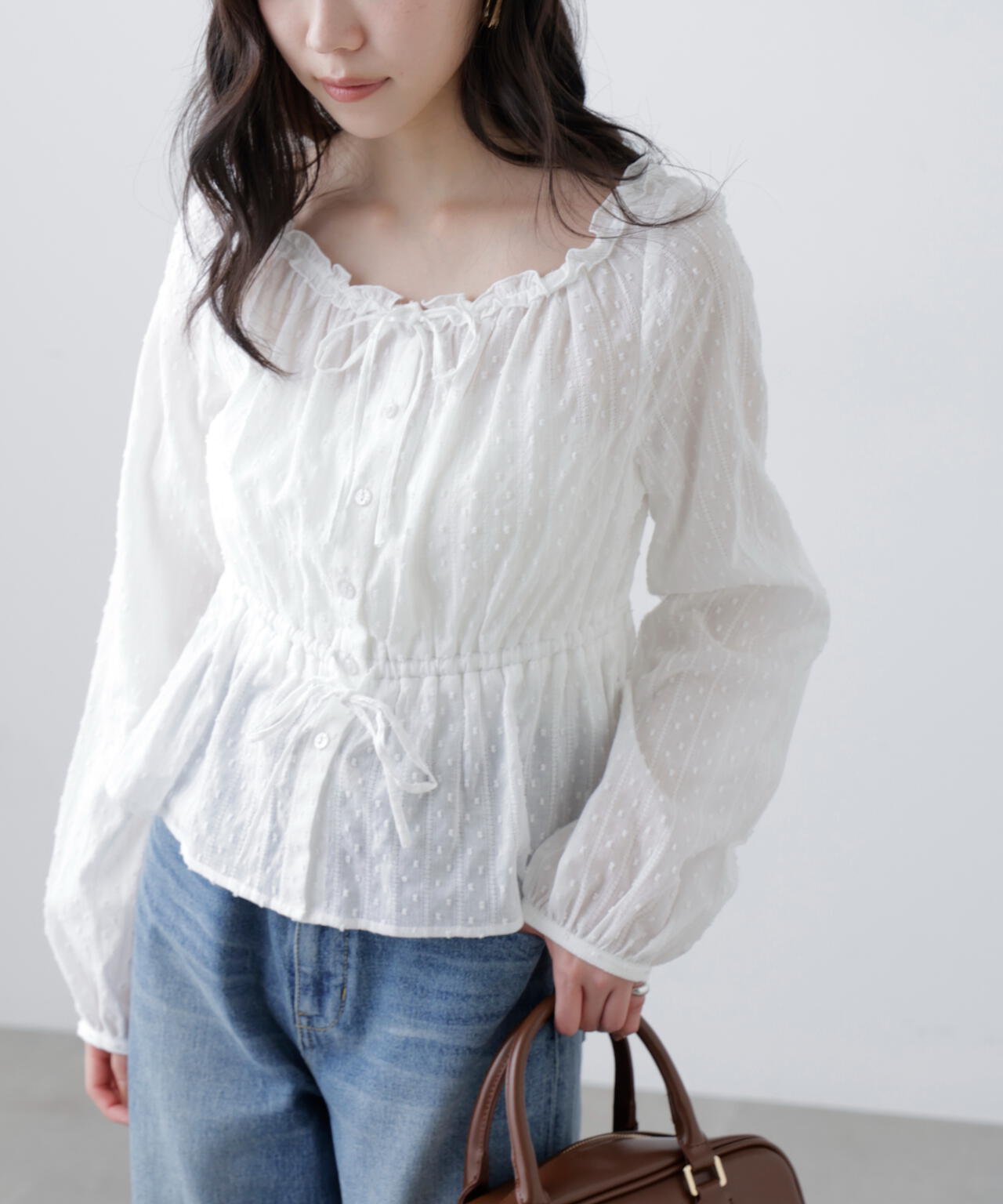 コットンレースペプラムブラウス