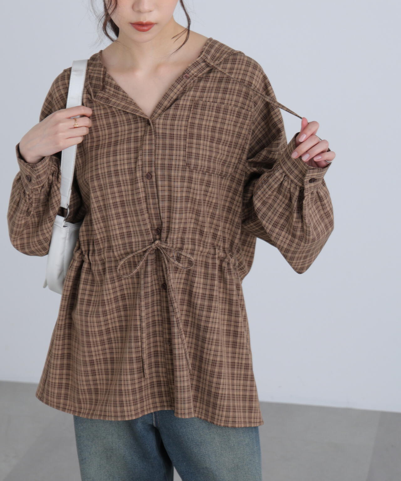 ウエストドロストフーディー前開きブラウス