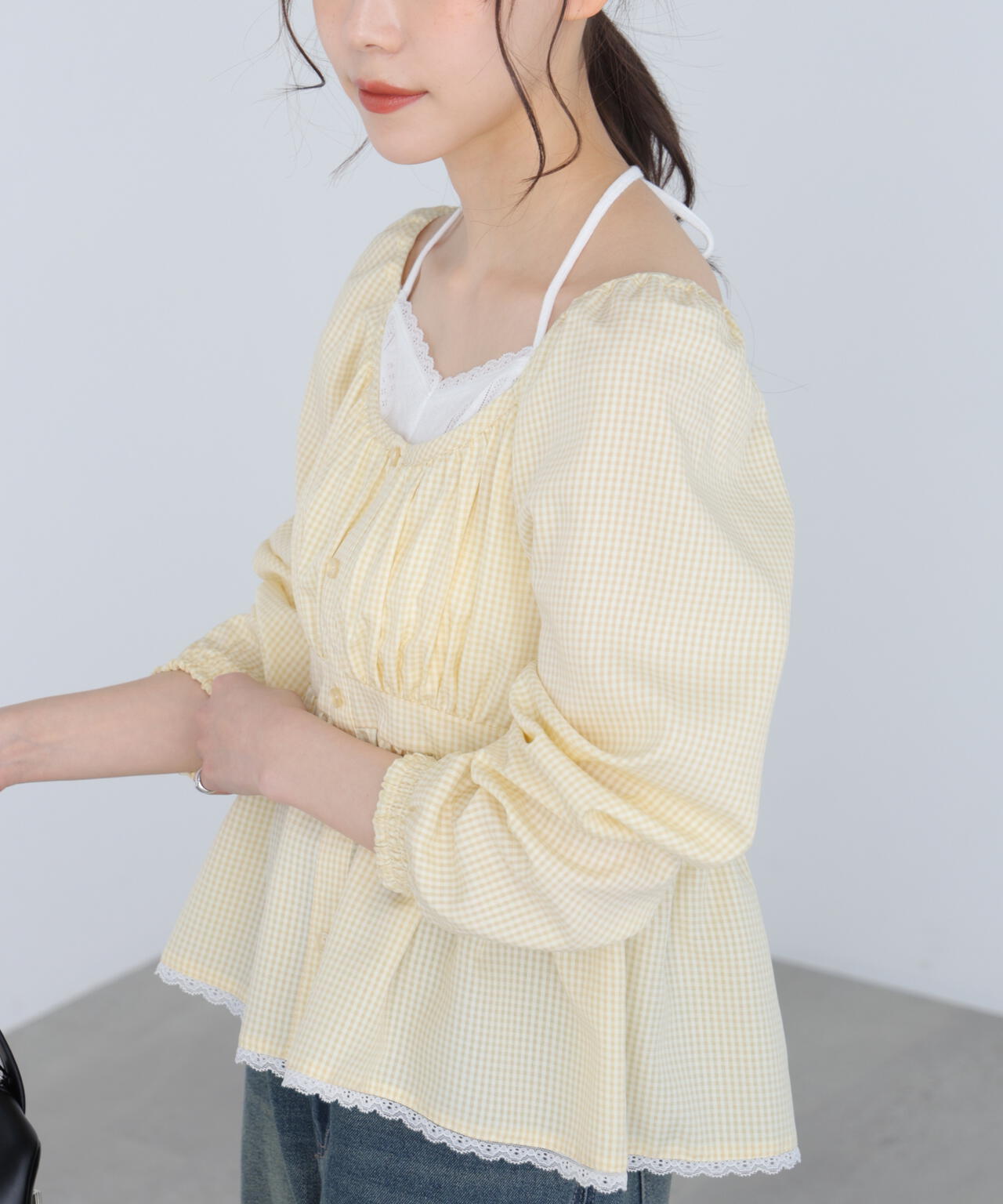 値下げ不可　プリーツプリーズ　ギンガムチェックー　青x白　ブラウス　カーディガン レイヤード風ギンガムチェックペプラムブラウス | FREE'S MART