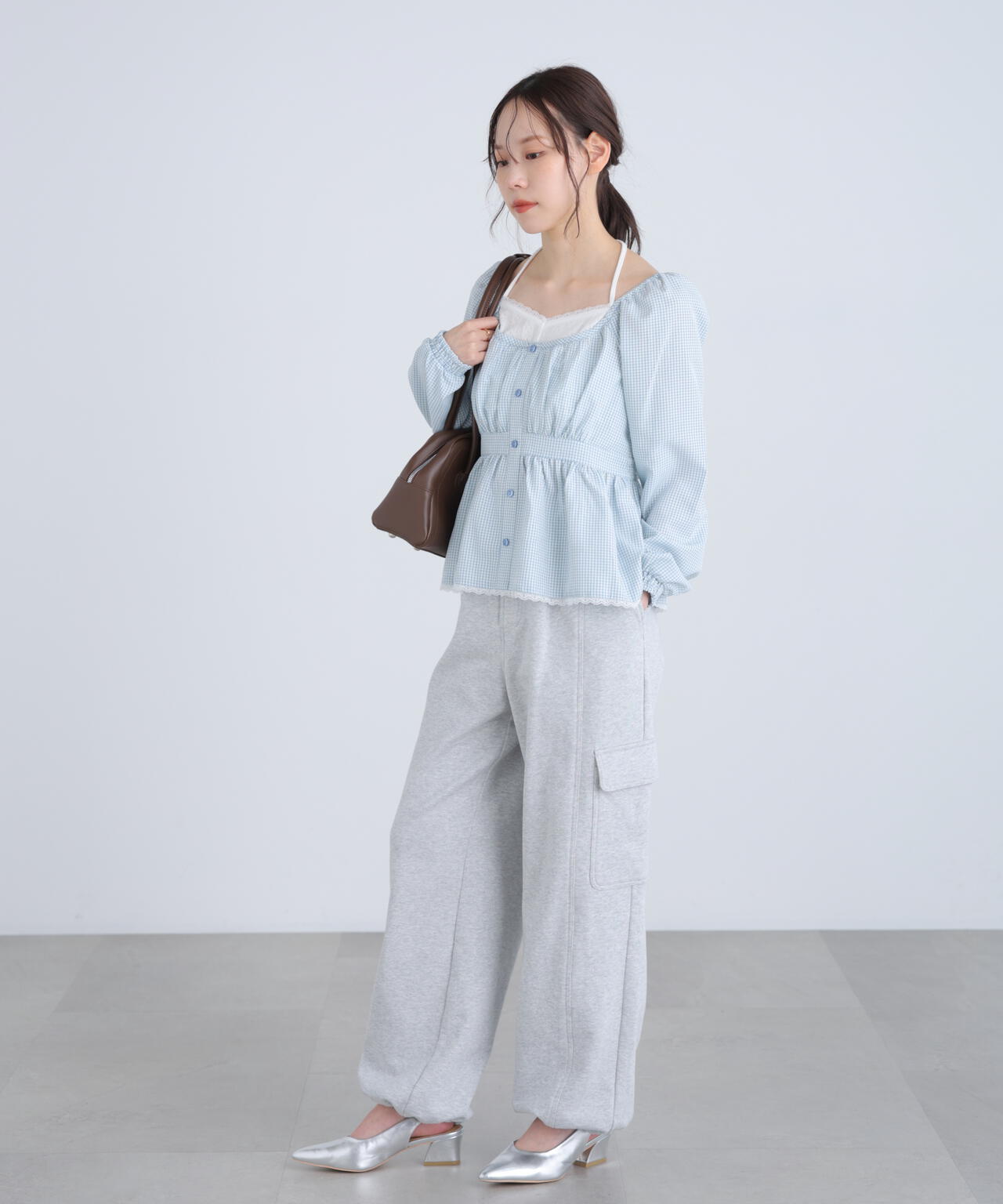 レイヤード風ギンガムチェックペプラムブラウス