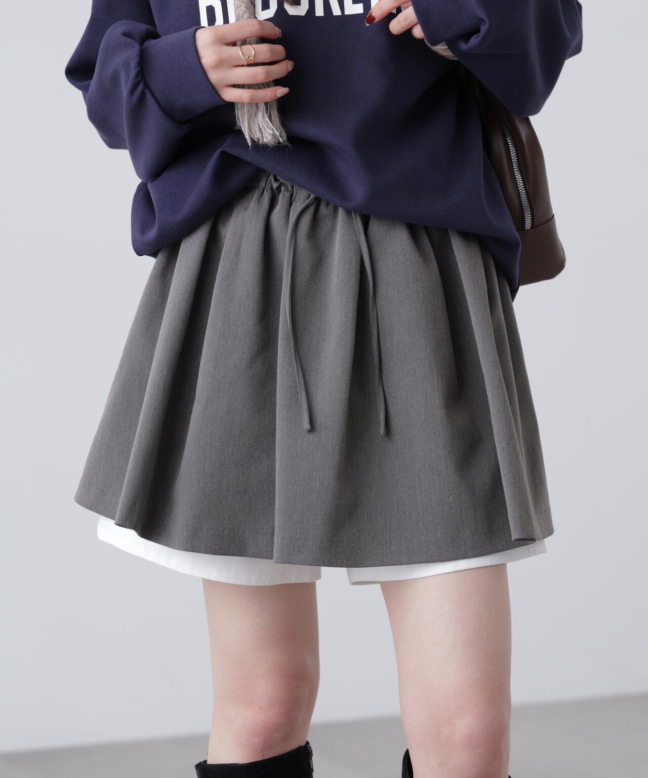 お値下げ中　ESTINATION ウールフレアミニスカート グレー インナーパンツ付レイヤードフレアミニスカート | FREE'S MART
