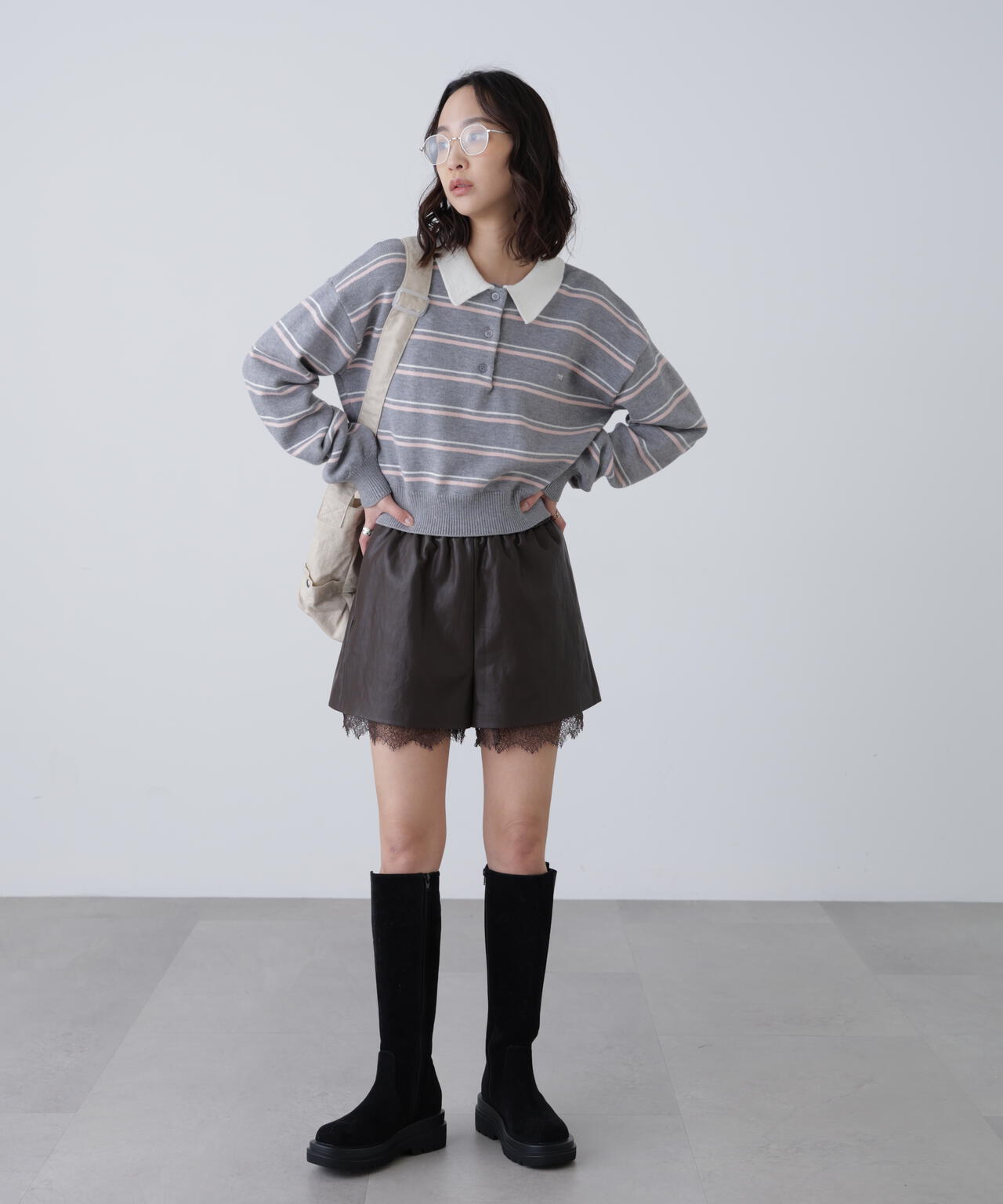 ♥プリーツプリーズ♥ グレー 　ショートパンツ　試着のみ レースレイヤードエコレザーショートパンツ | FREE'S MART（フリーズ