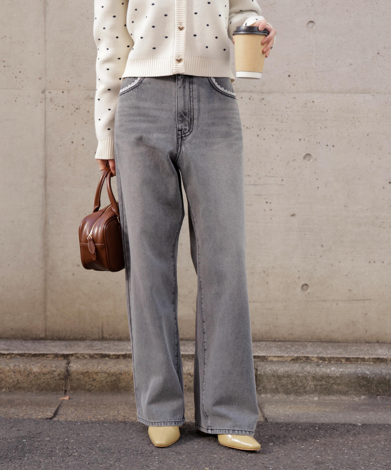 低身長サイズ/Sシリーズ]レーストリミングワイドストレートデニム