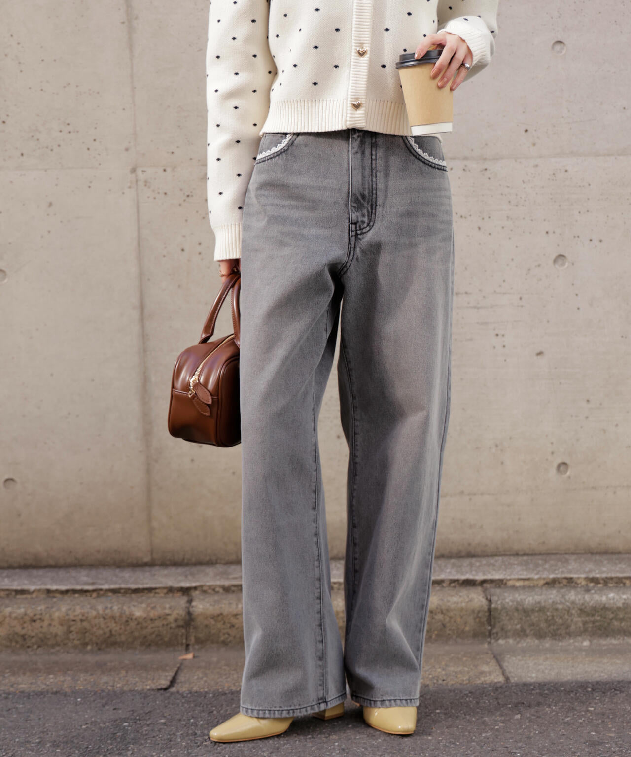 [低身長サイズ/Sシリーズ]レーストリミングワイドストレートデニムパンツ