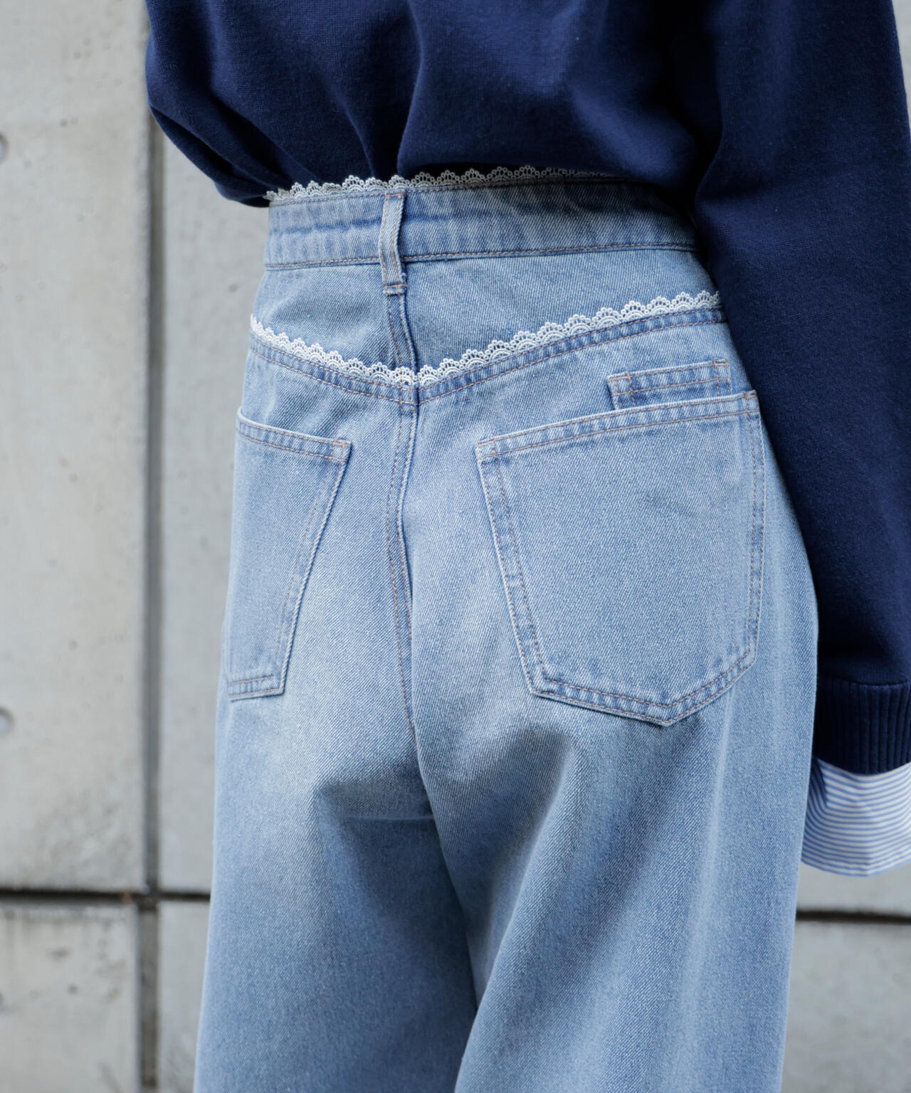 [低身長サイズ/Sシリーズ]レーストリミングワイドストレートデニムパンツ