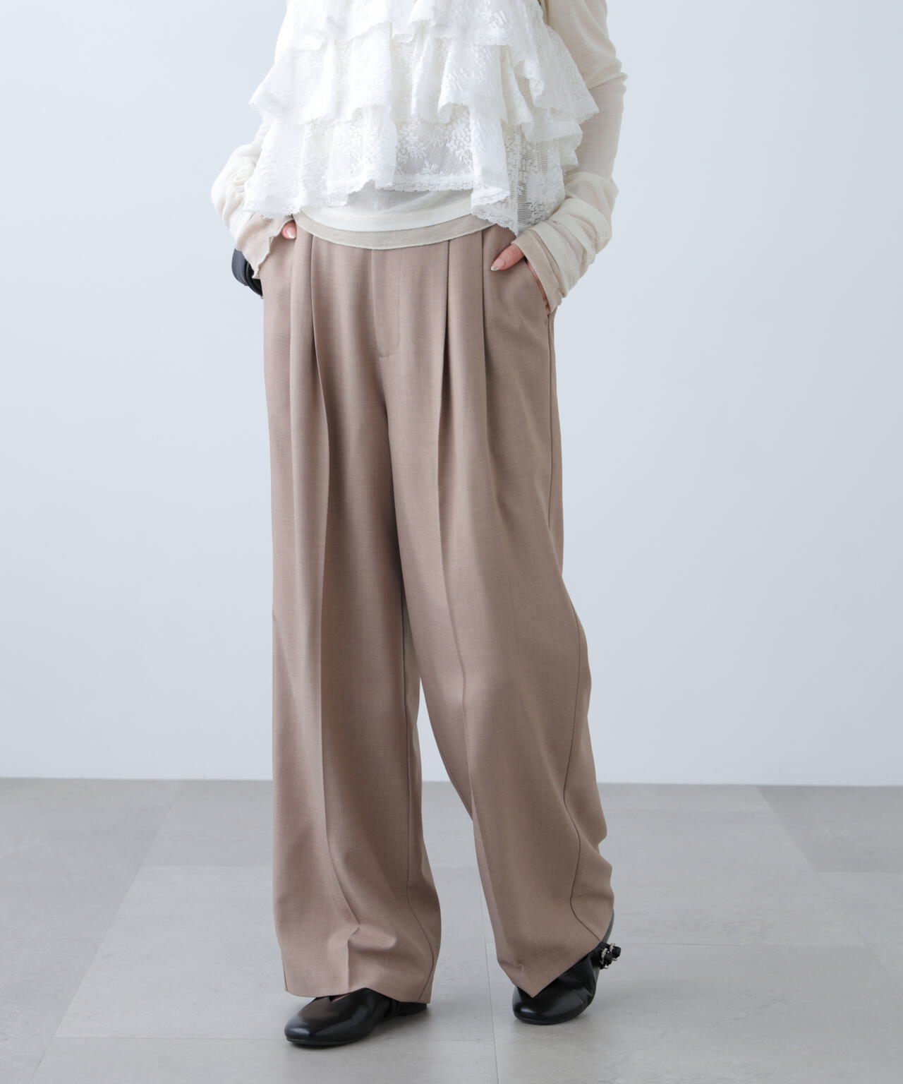 [低身長サイズ/Sシリーズ]梳毛調合繊タックワイドパンツ