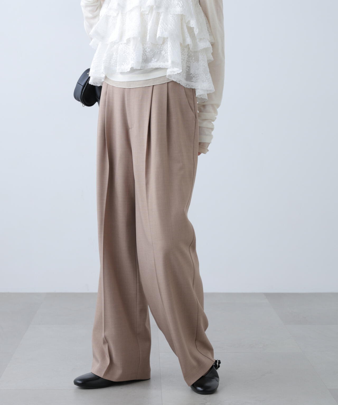 [低身長サイズ/Sシリーズ]梳毛調合繊タックワイドパンツ