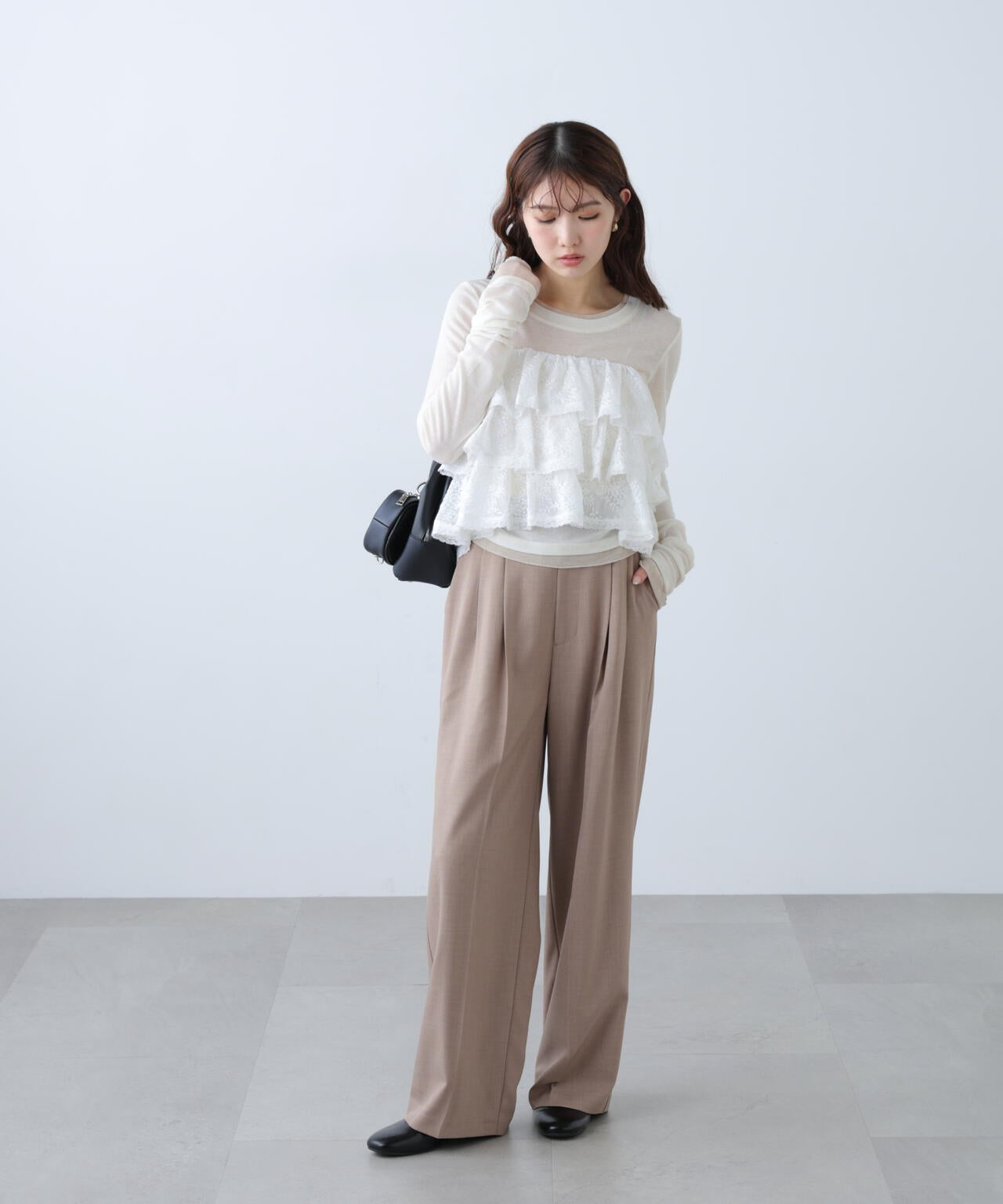 [低身長サイズ/Sシリーズ]梳毛調合繊タックワイドパンツ