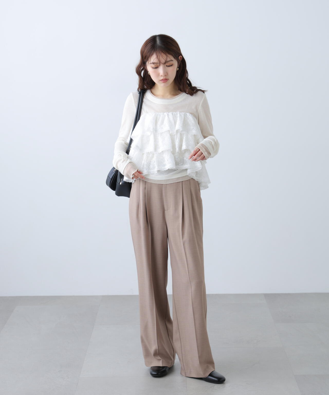 [低身長サイズ/Sシリーズ]梳毛調合繊タックワイドパンツ