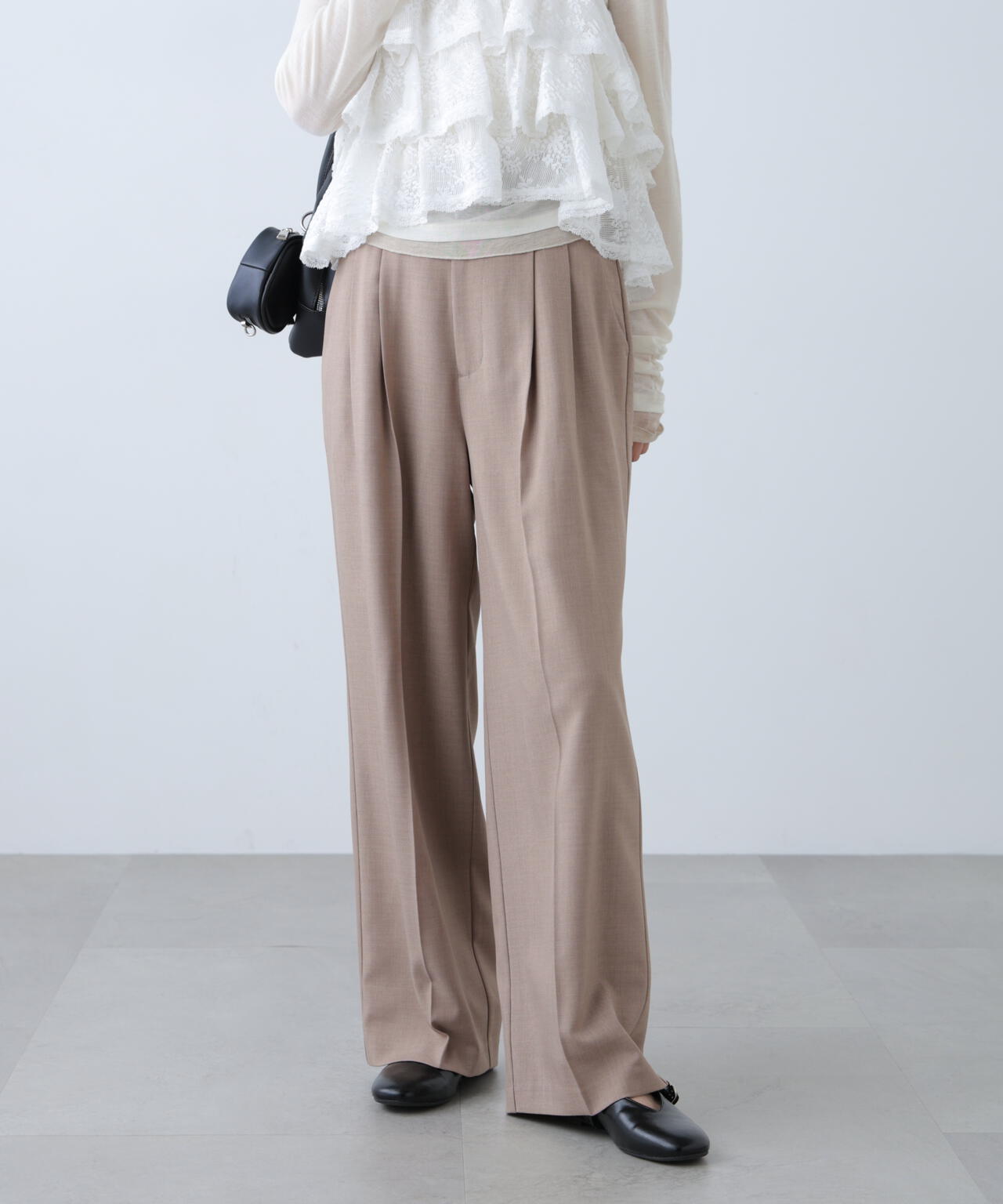 [低身長サイズ/Sシリーズ]梳毛調合繊タックワイドパンツ