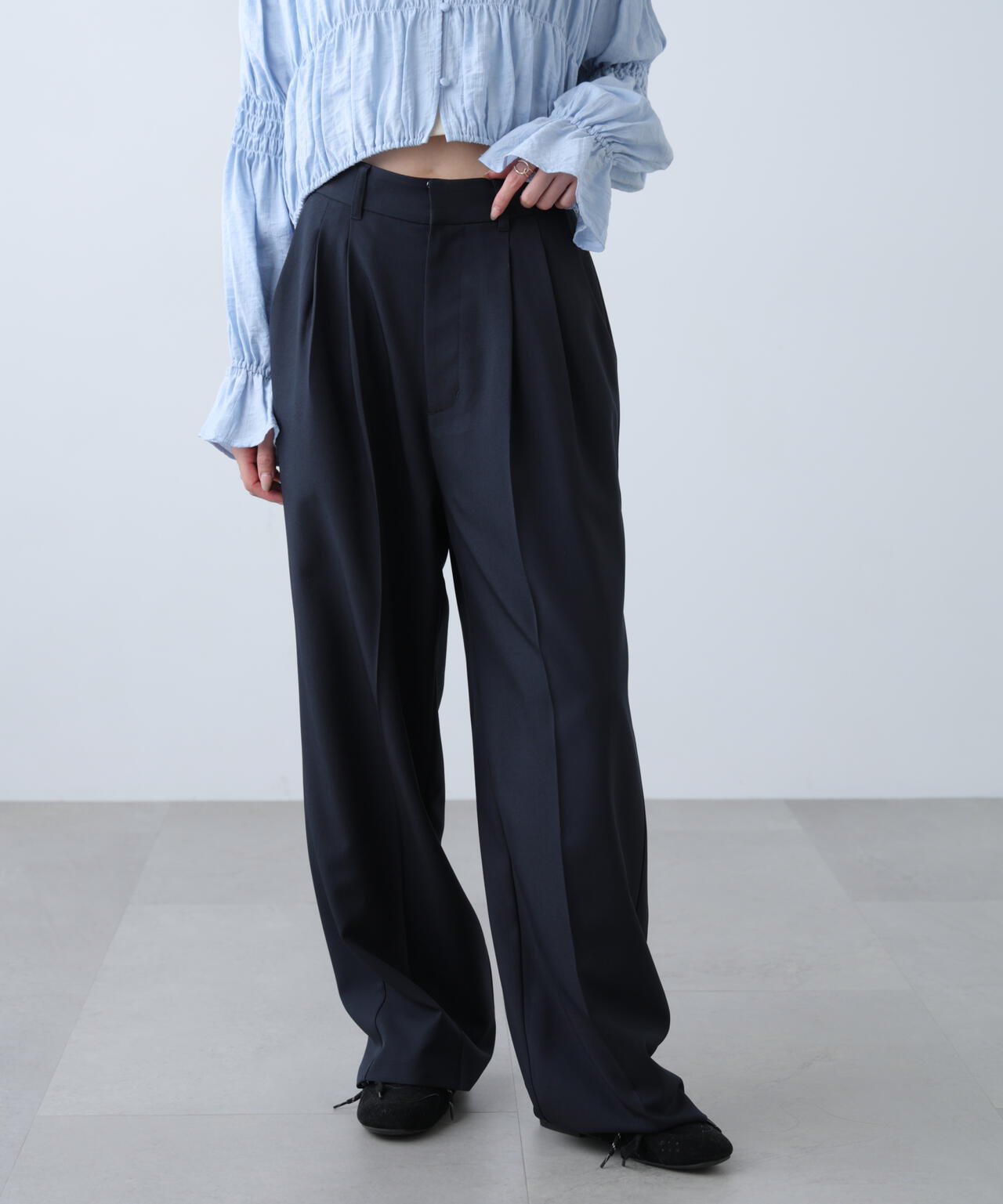 [低身長サイズ/Sシリーズ]梳毛調合繊タックワイドパンツ