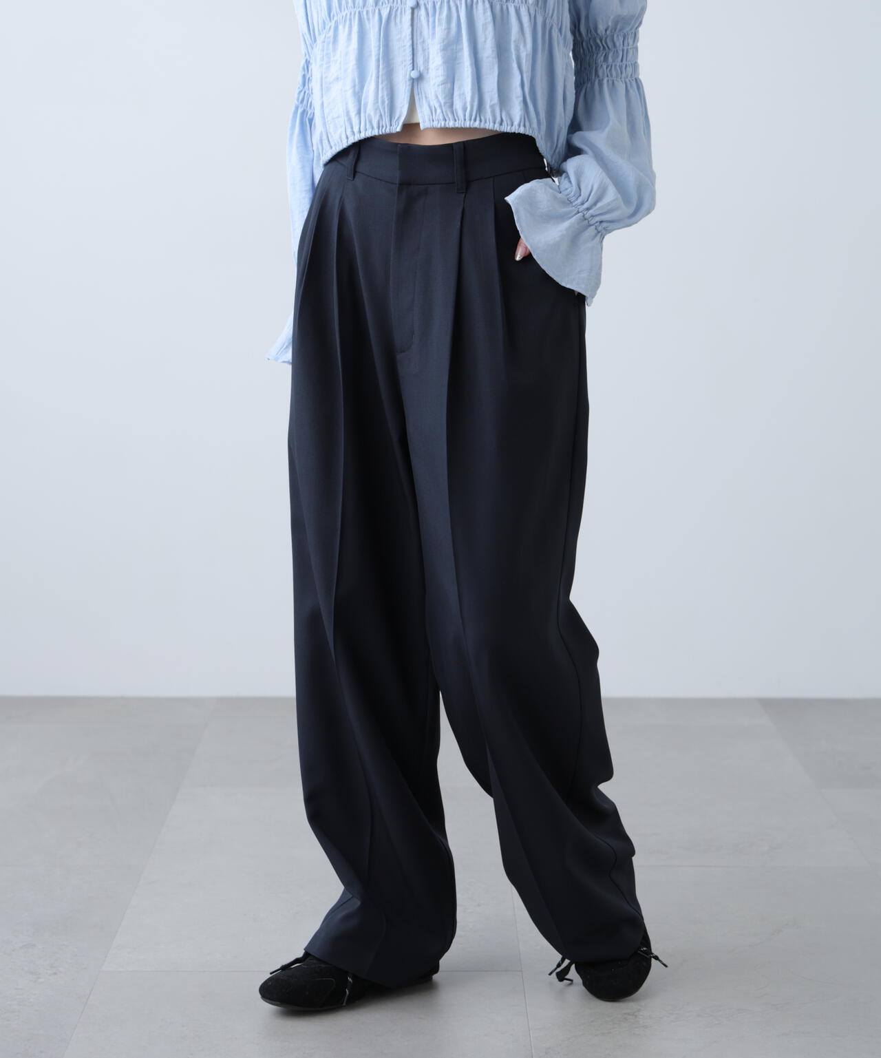 [低身長サイズ/Sシリーズ]梳毛調合繊タックワイドパンツ