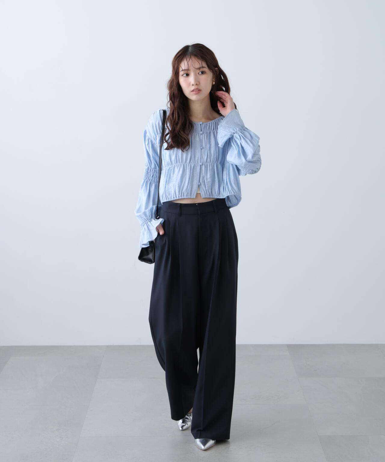 [低身長サイズ/Sシリーズ]梳毛調合繊タックワイドパンツ