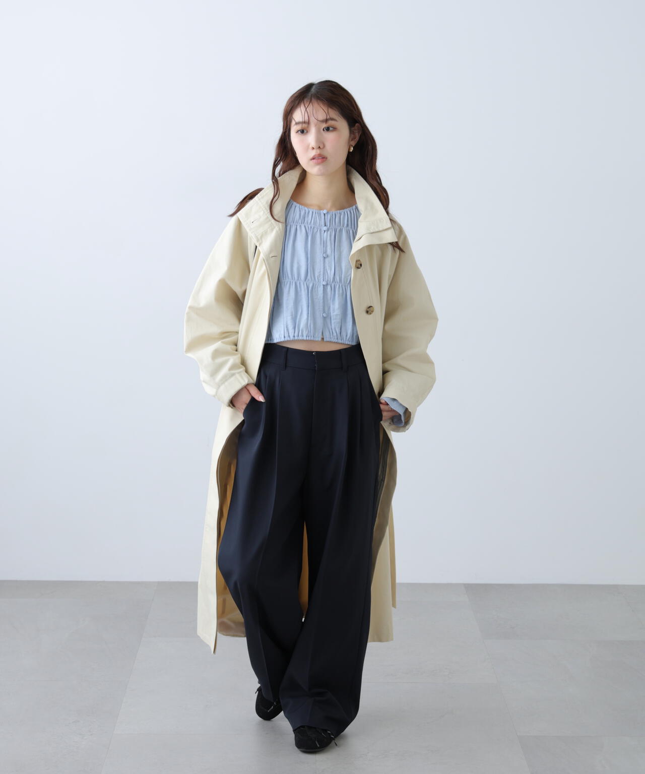 [低身長サイズ/Sシリーズ]梳毛調合繊タックワイドパンツ