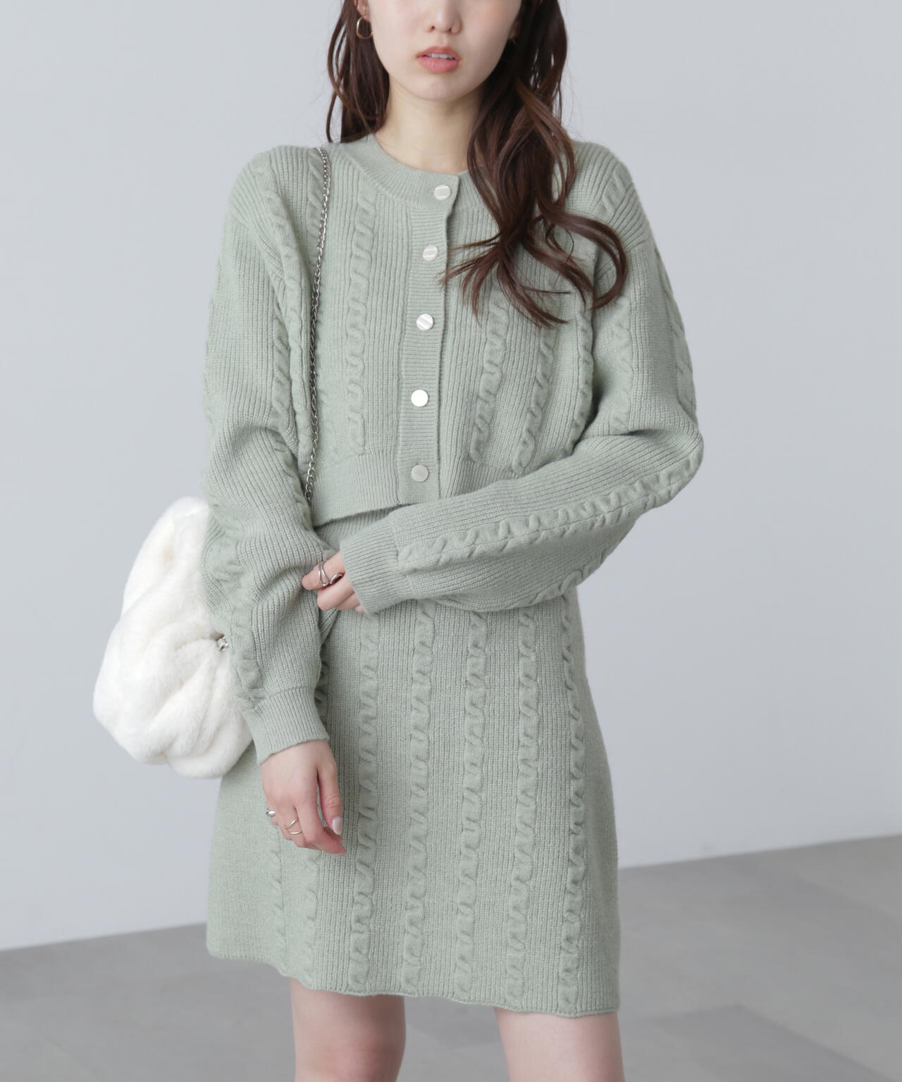 ケーブルニットカーデ×ワンピースセット