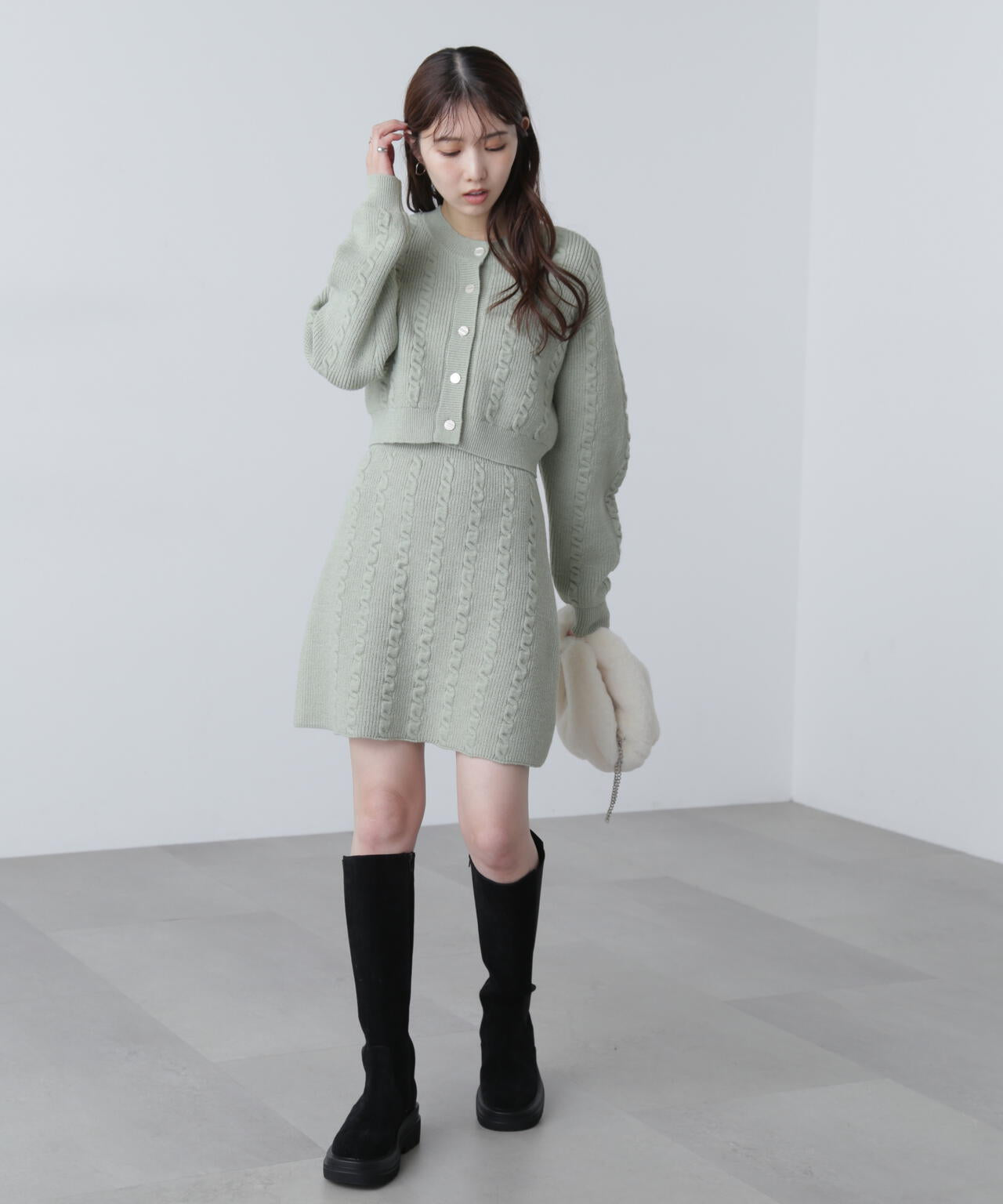 ケーブルニットカーデ×ワンピースセット