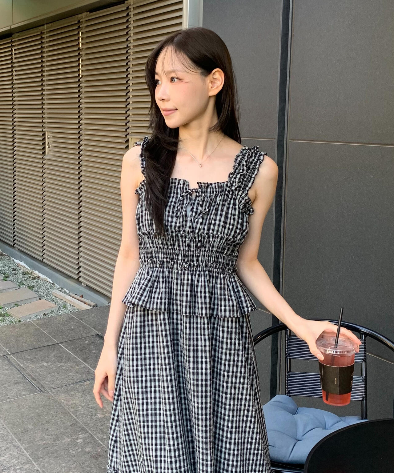 追加生産予約】シャーリングティアードチェックキャミワンピース