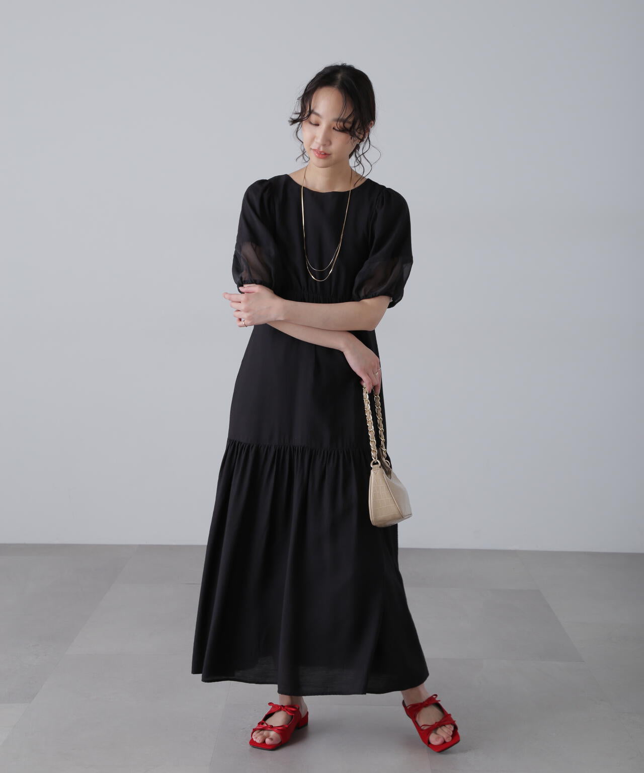 ランタンスリーブバックリボンワンピース