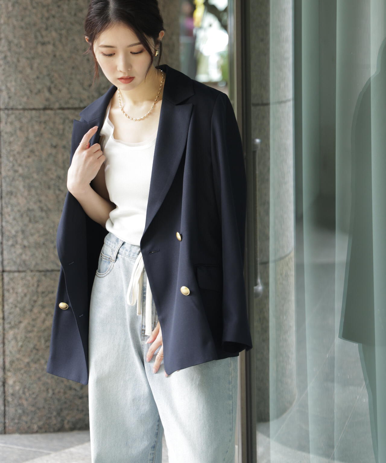 金ボタンダブルブレストジャケット【2サイズ展開】【背中部分：半裏仕様、袖部分：裏地なし】