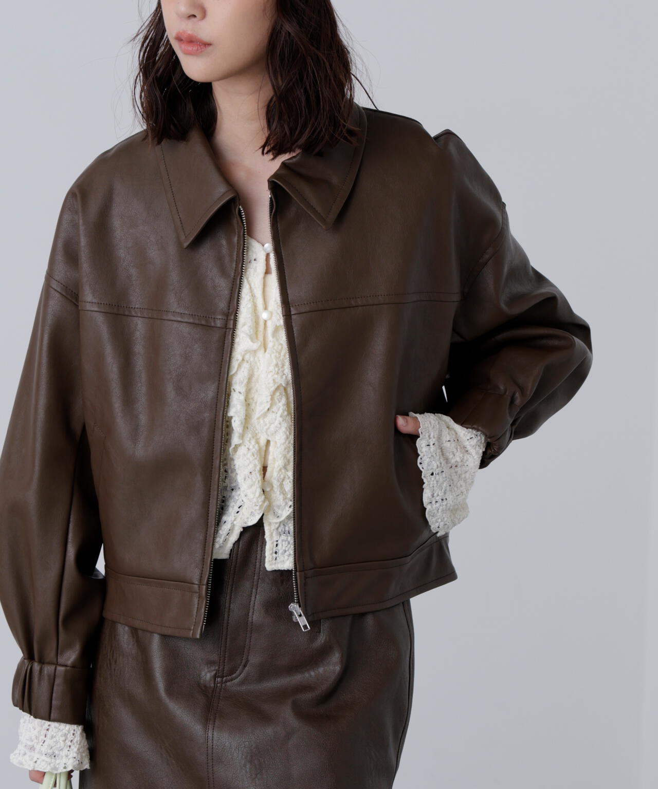 合皮ジップアップブルゾン