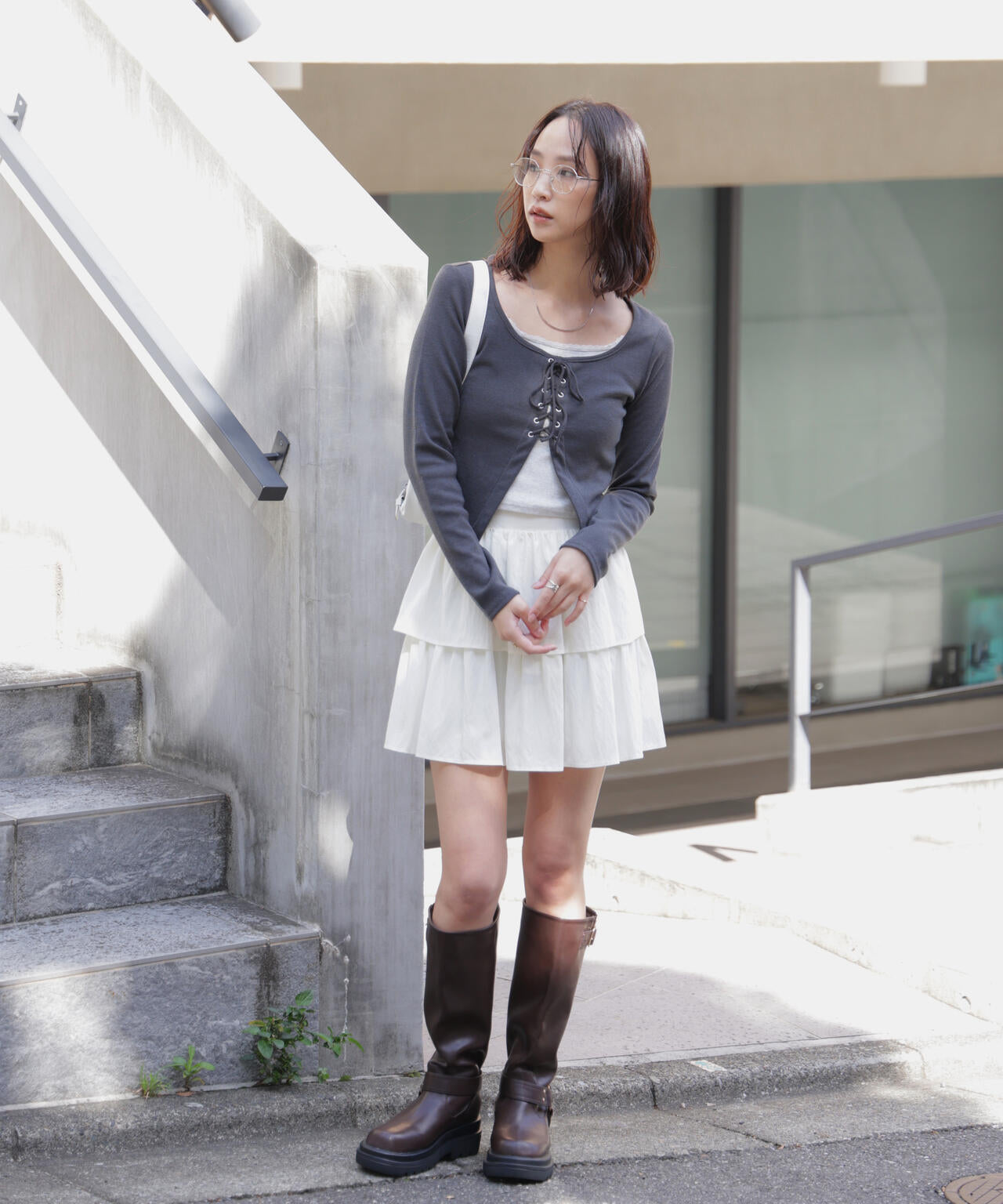 レースアップレイヤード長袖カットソー