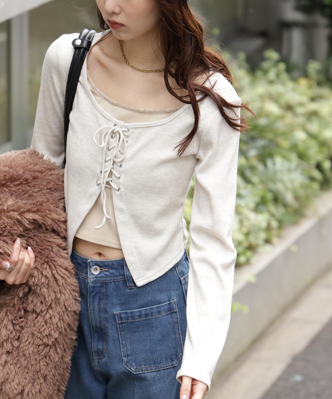 レースアップレイヤード長袖カットソー