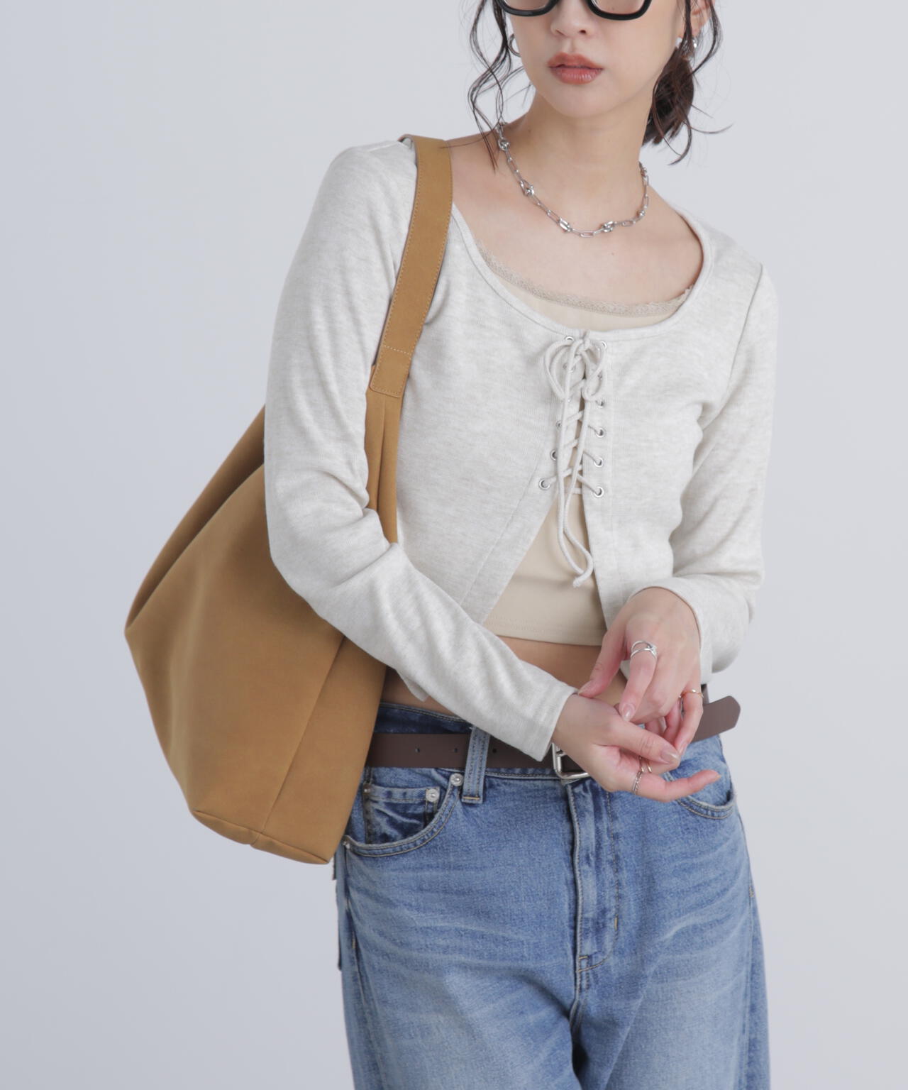レースアップレイヤード長袖カットソー