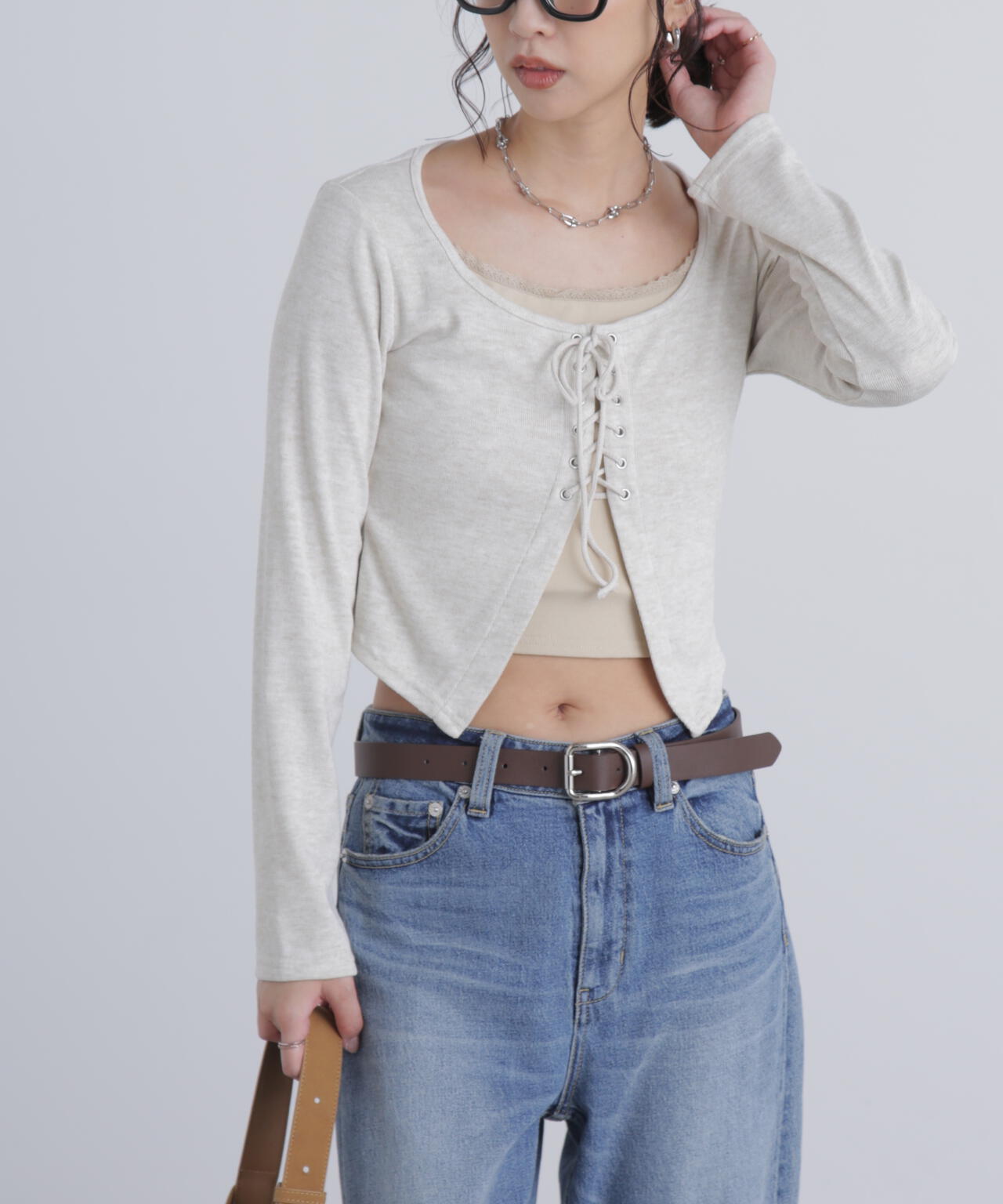 レースアップレイヤード長袖カットソー