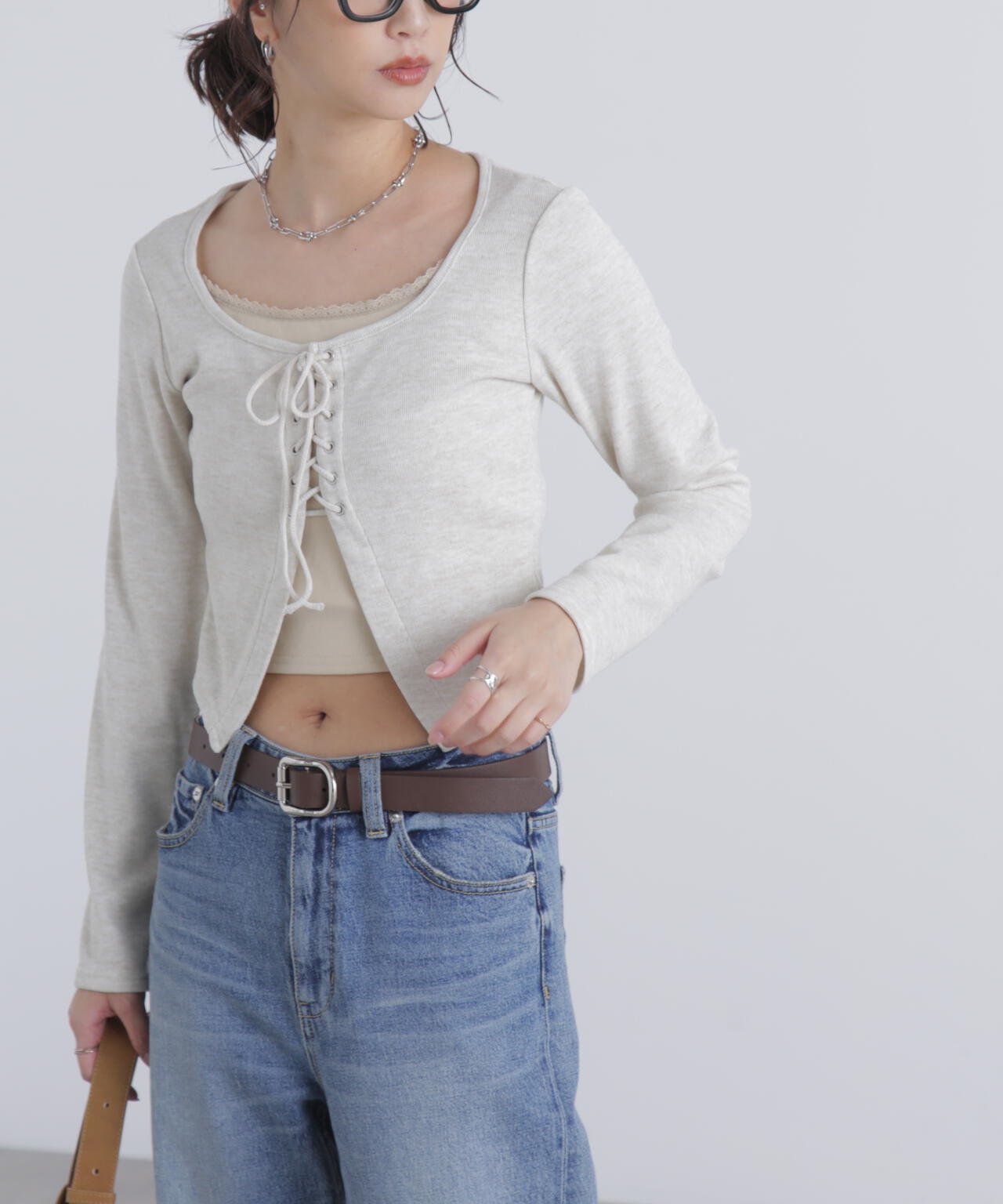 レースアップレイヤード長袖カットソー
