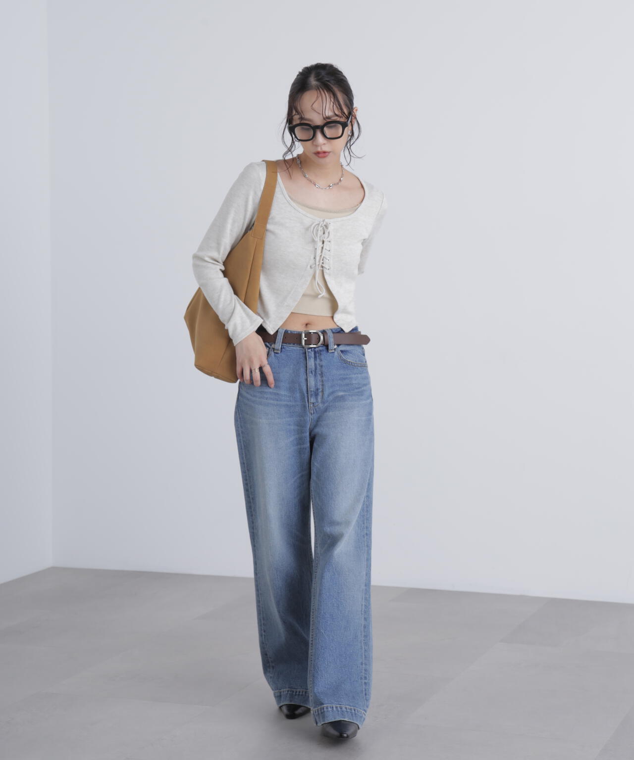 レースアップレイヤード長袖カットソー