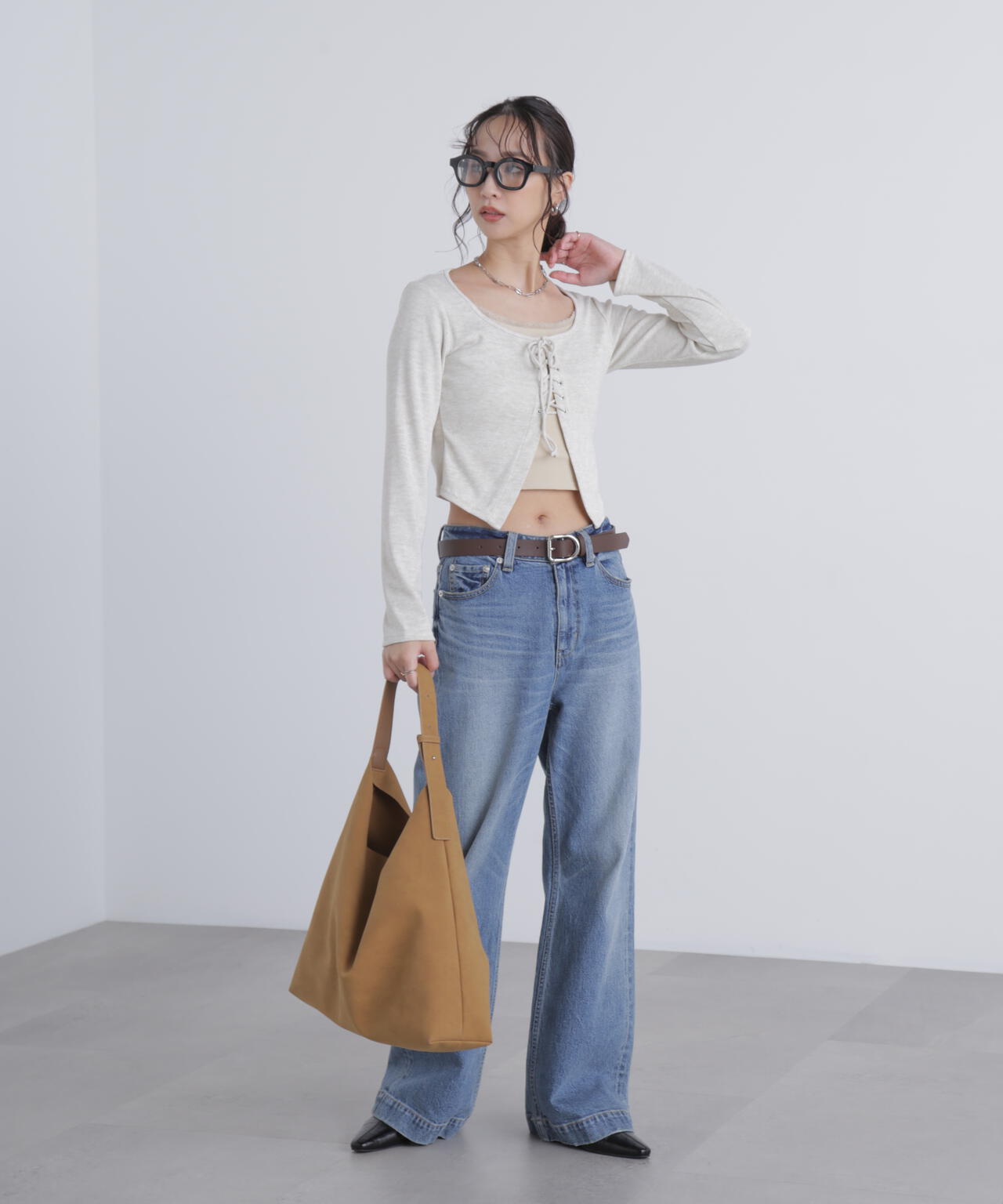 レースアップレイヤード長袖カットソー