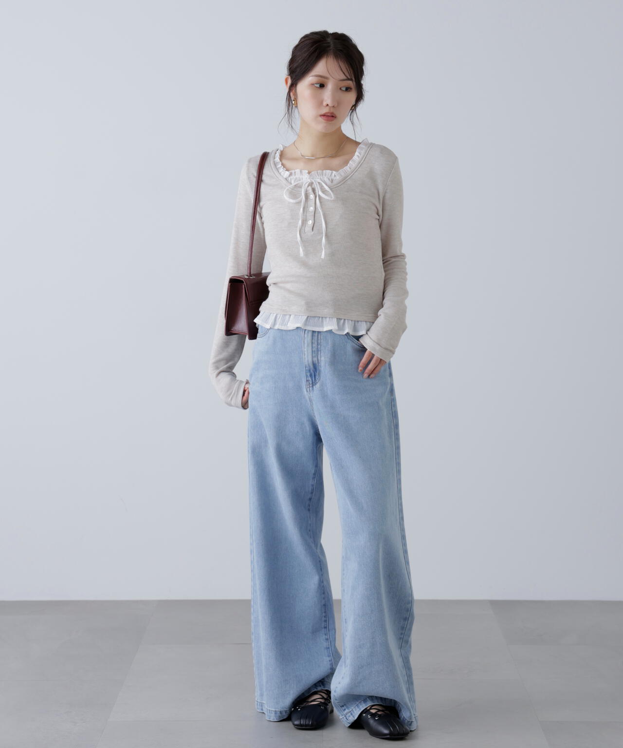 レイヤード風フリルリボンカットソー