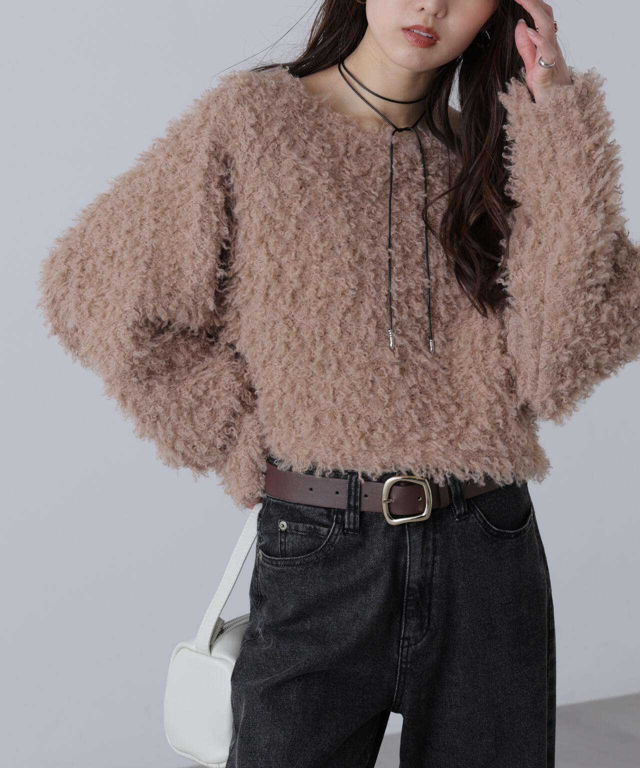 ベージュ・ブラウン 追加生産予約】プードルボアショート丈ニットソー