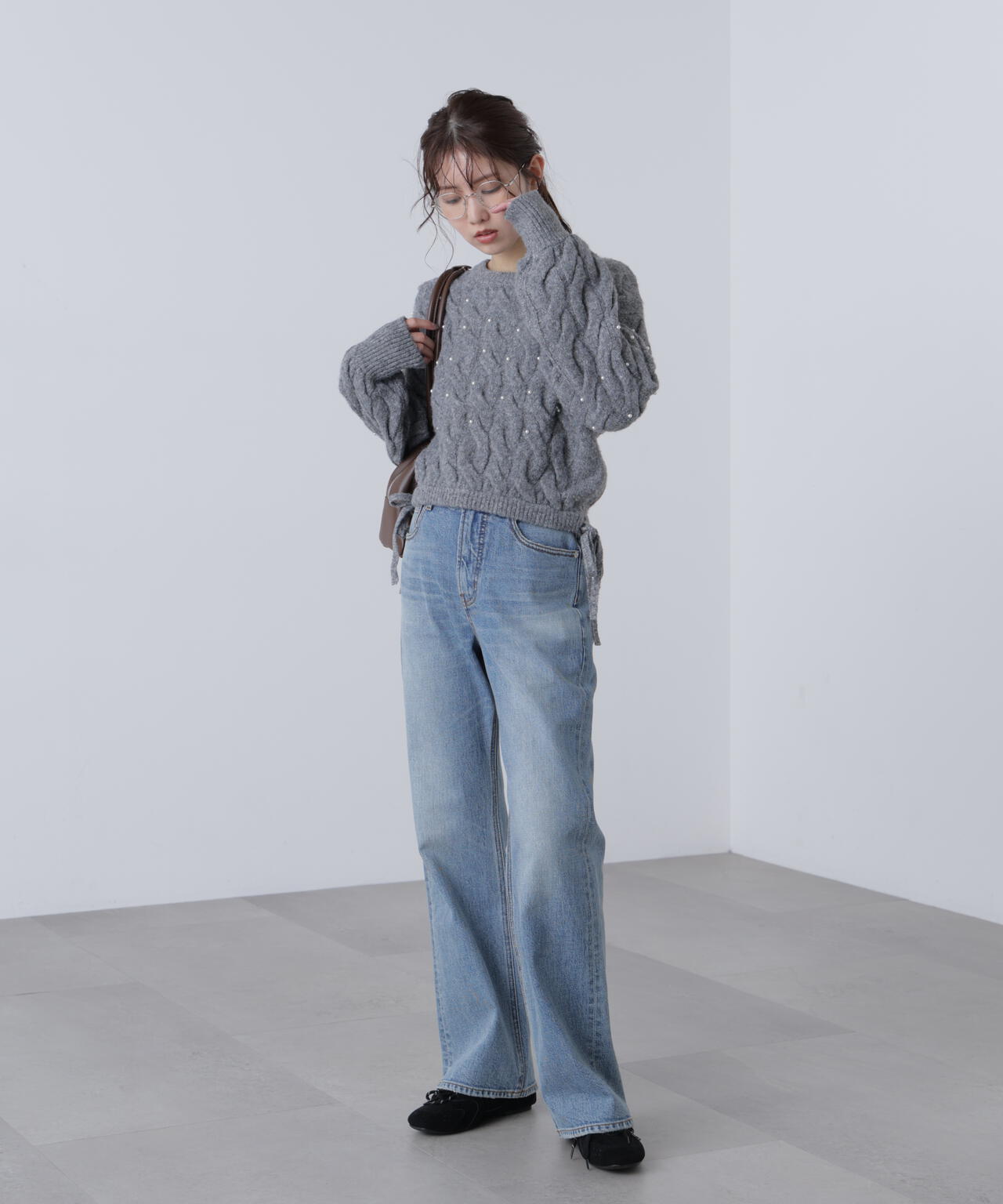 【レッド 追加生産予約】ウエストゴムパールミックスケーブルドロストニット