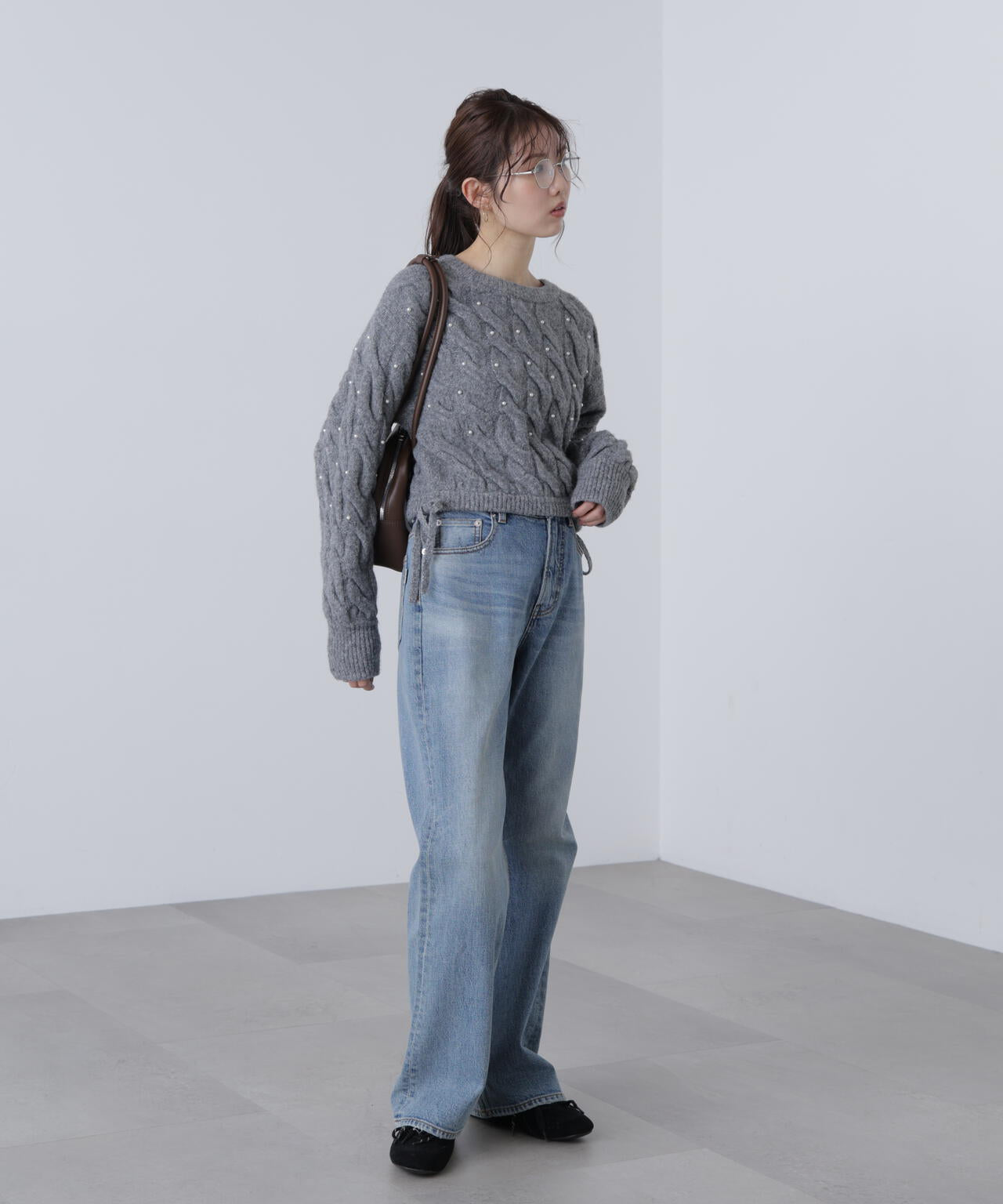 【レッド 追加生産予約】ウエストゴムパールミックスケーブルドロストニット