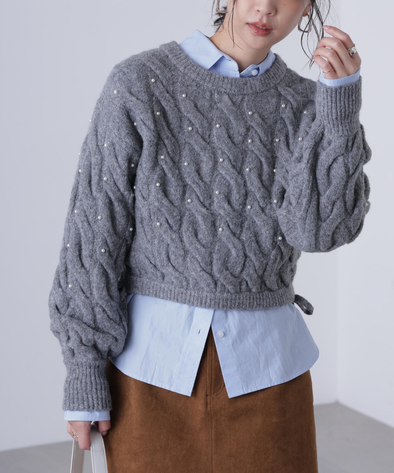 【レッド 追加生産予約】ウエストゴムパールミックスケーブルドロストニット