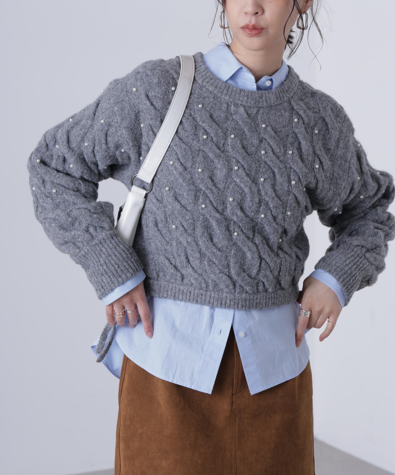 【レッド 追加生産予約】ウエストゴムパールミックスケーブルドロストニット