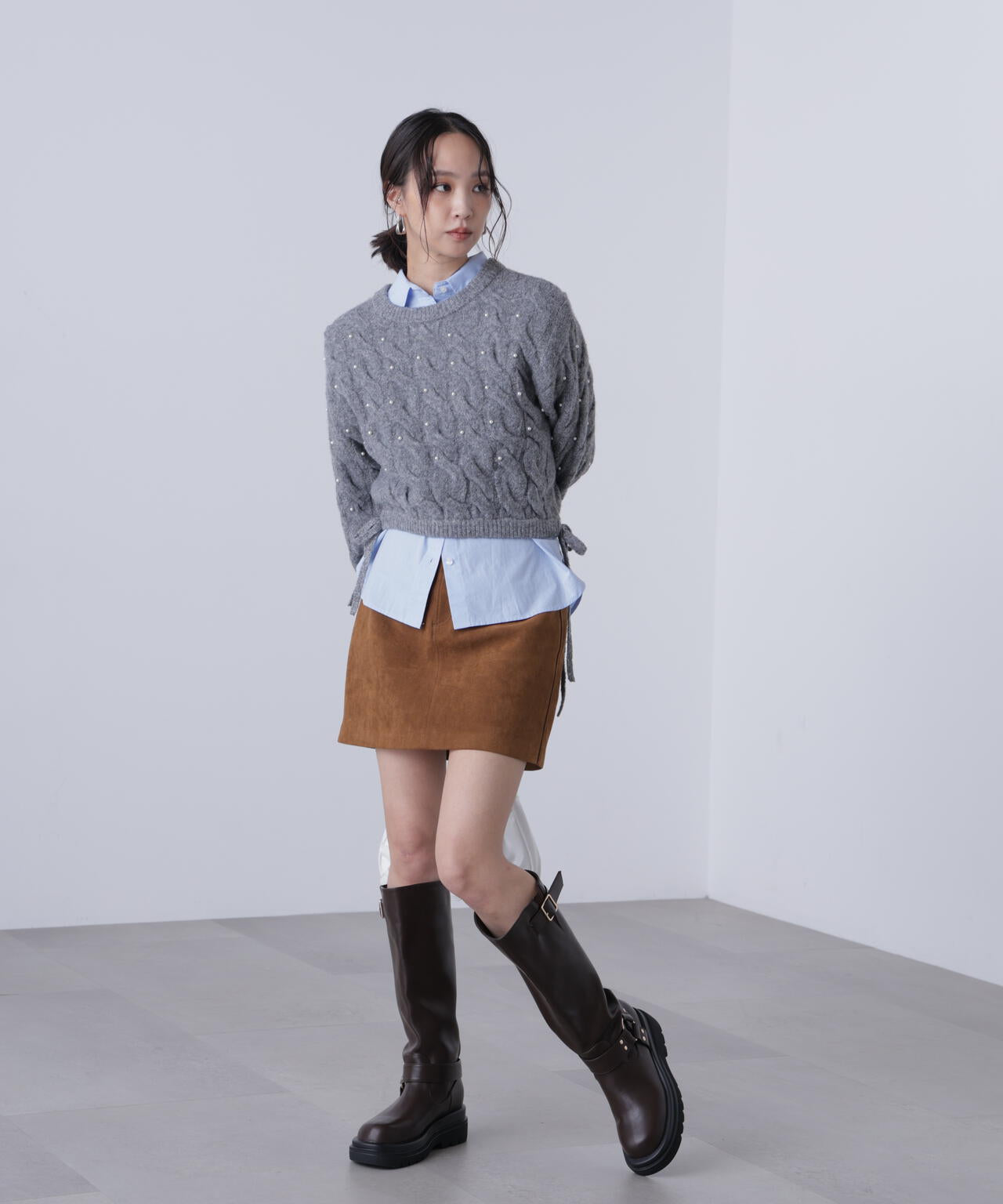 【レッド 追加生産予約】ウエストゴムパールミックスケーブルドロストニット