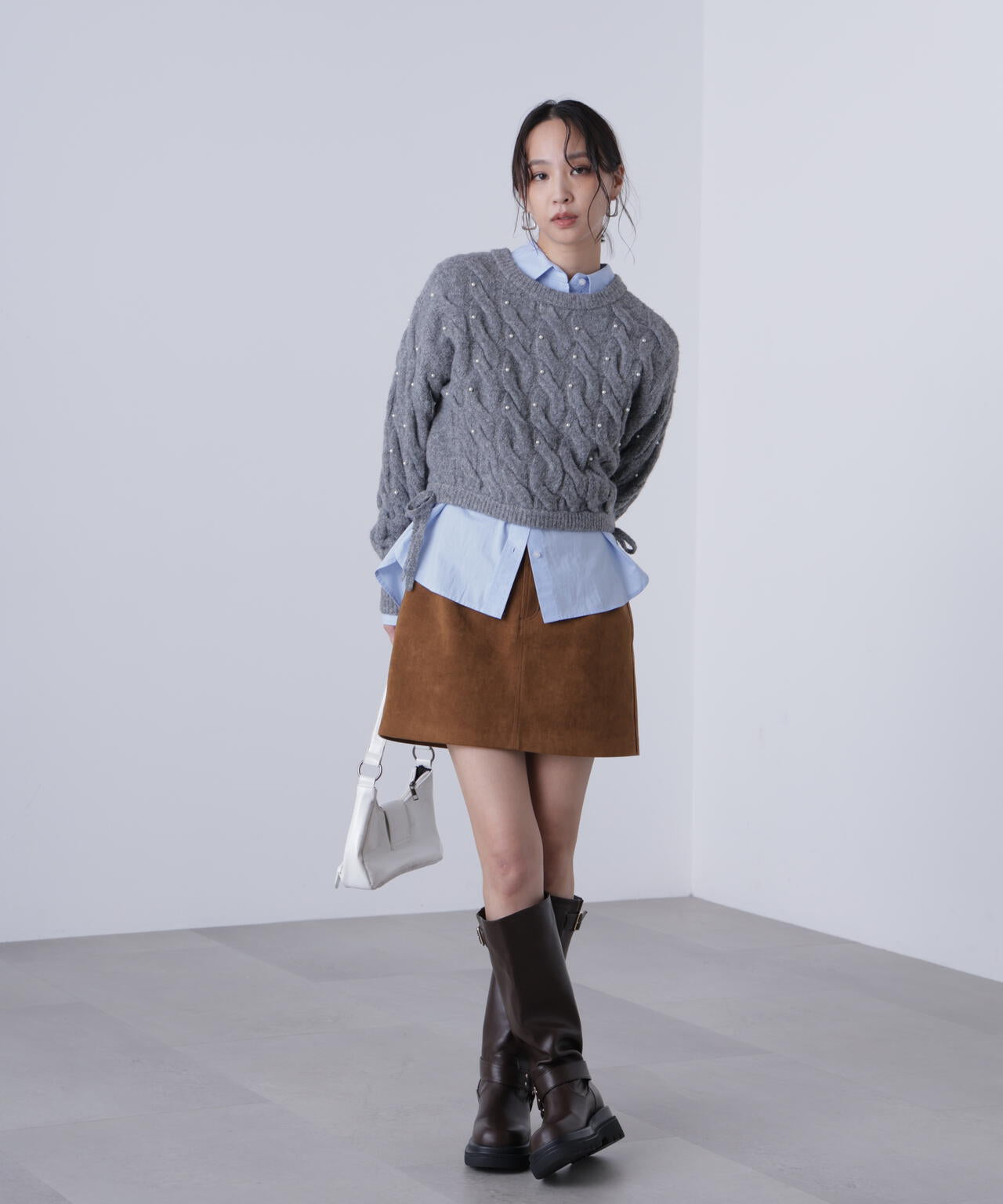 【レッド 追加生産予約】ウエストゴムパールミックスケーブルドロストニット